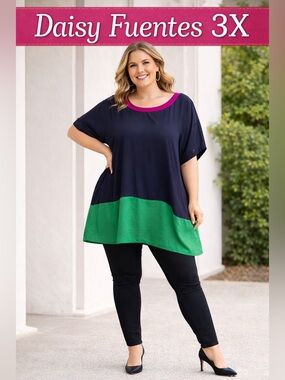 Daisy Fuentes 3X Colorblock Tunic Navy Pink Green Flowy Top Plus